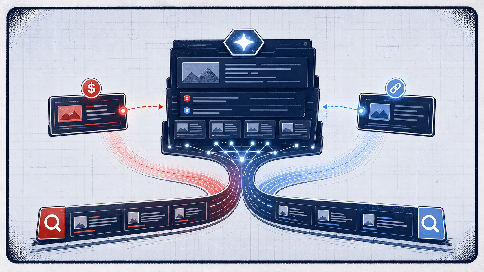 Light-field comic panel showing paid and organic search lanes merging into a single AI answer layer with red sponsored and blue citation signals.