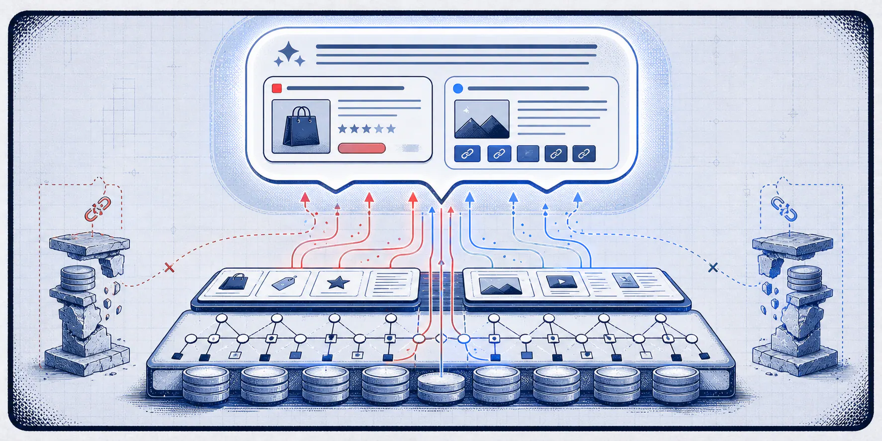 Light-field comic panel showing a shared structured foundation feeding both a sponsored placement and organic citation inside one AI answer bubble.