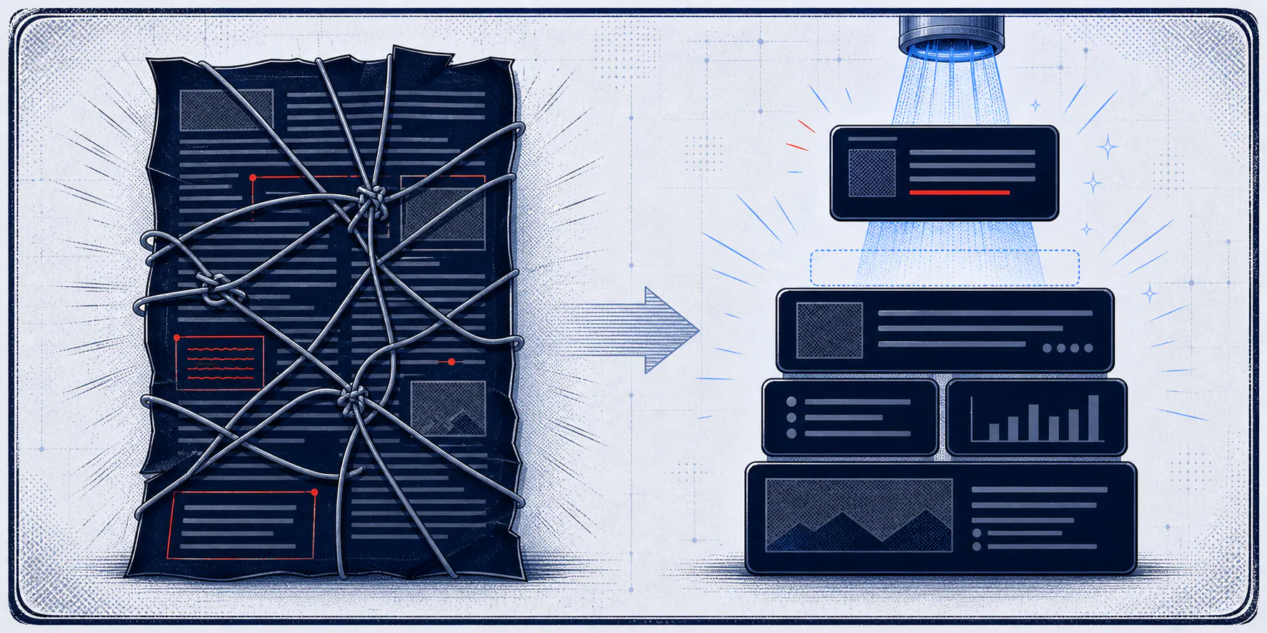 Comic-style panel comparing a tangled article page with clean modular answer-ready content blocks.