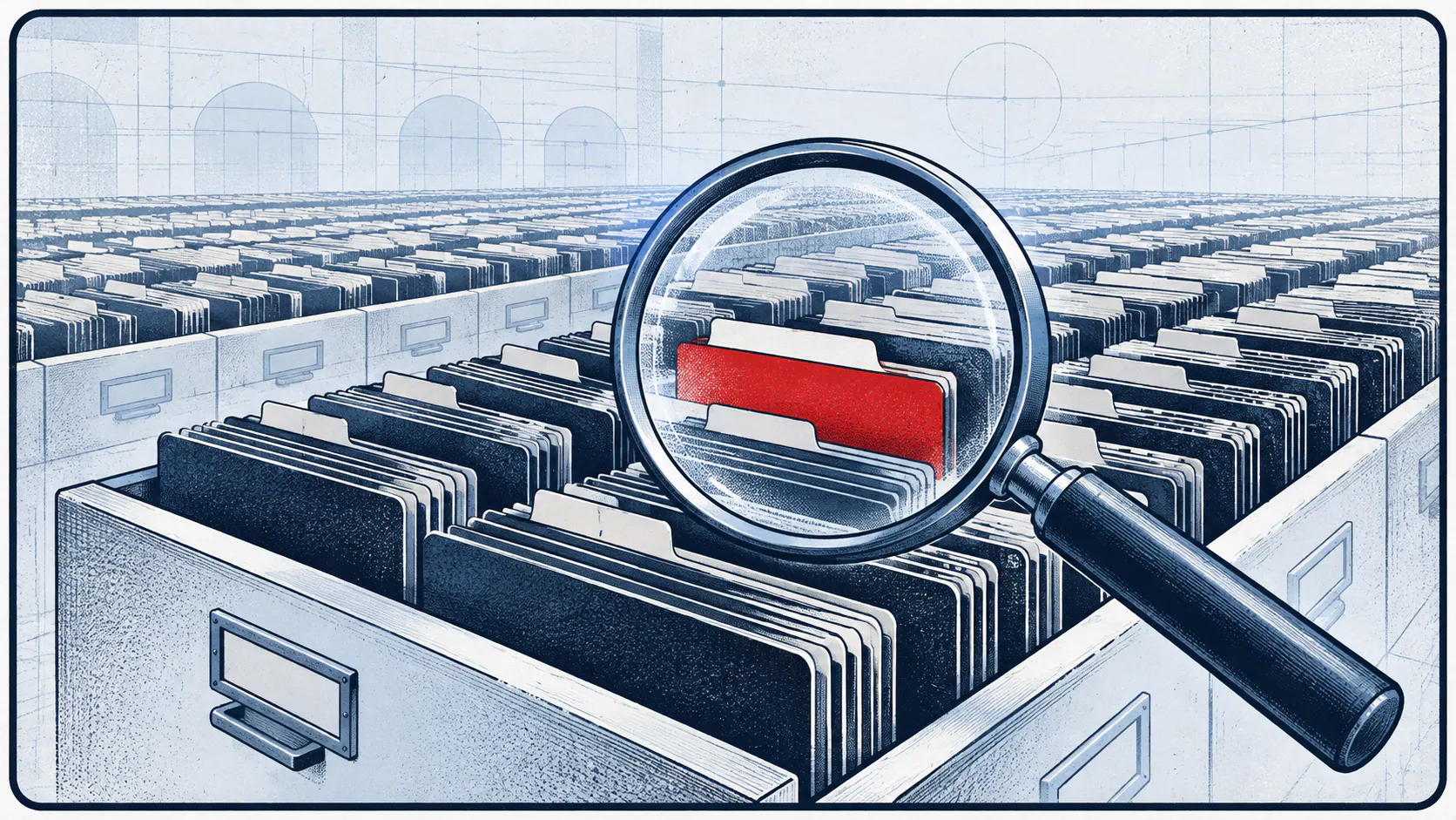 Light-field comic panel showing a magnifying glass inspecting a red brand record among rows of archived web records.