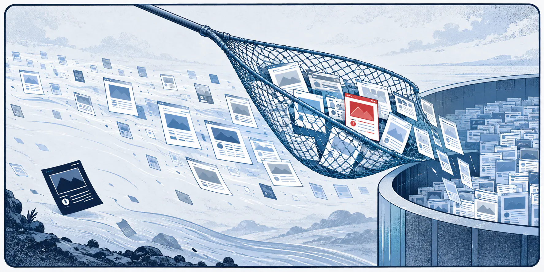 Light-field comic panel showing a collection net gathering web pages into an archive while another company page remains outside.