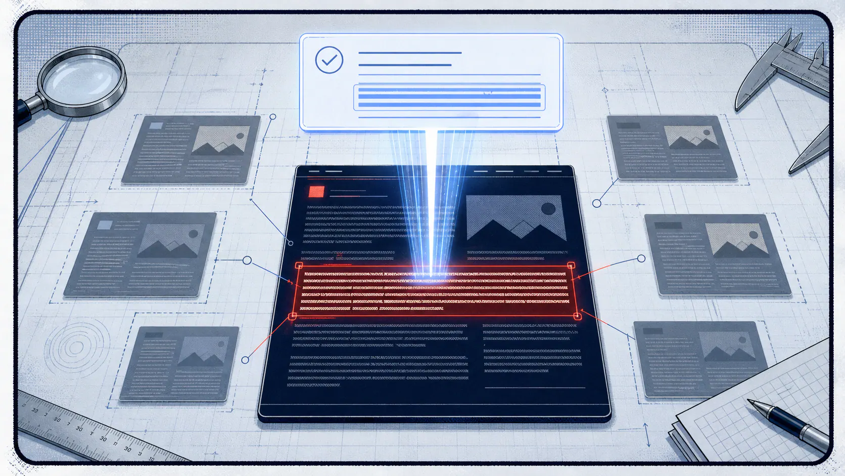 Light-field comic panel showing a highlighted passage on a webpage being lifted into an AI answer while nearby pages remain unselected.