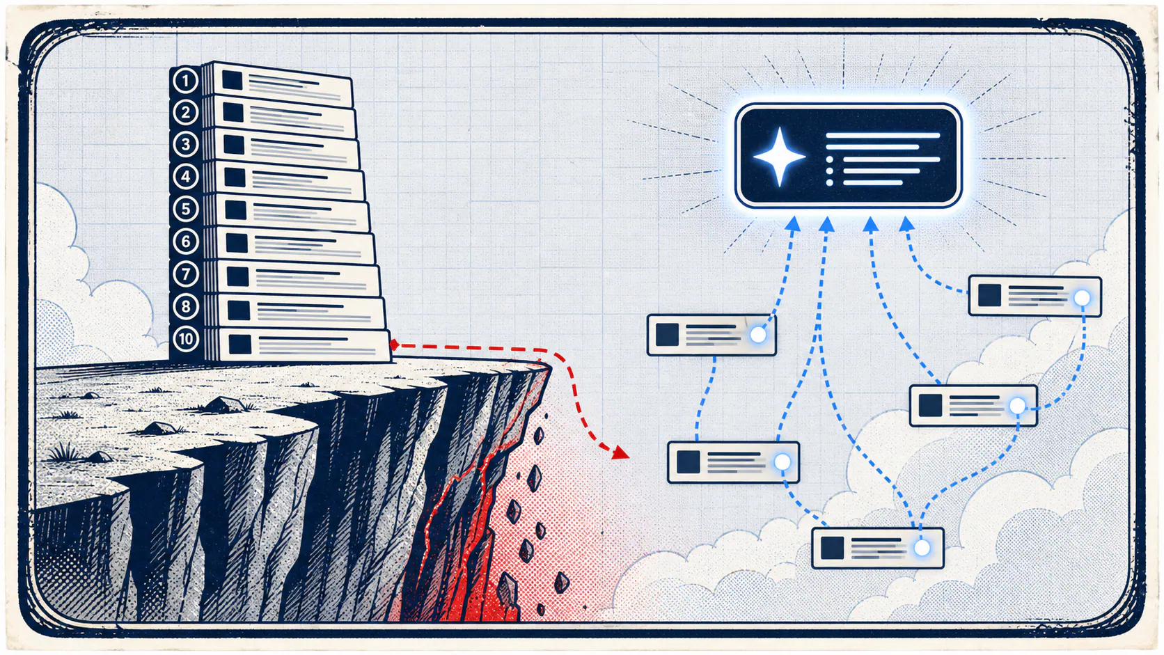 Light-field comic panel showing a stack of ranked search result cards at a cliff while an AI answer cites sources from across the gap.