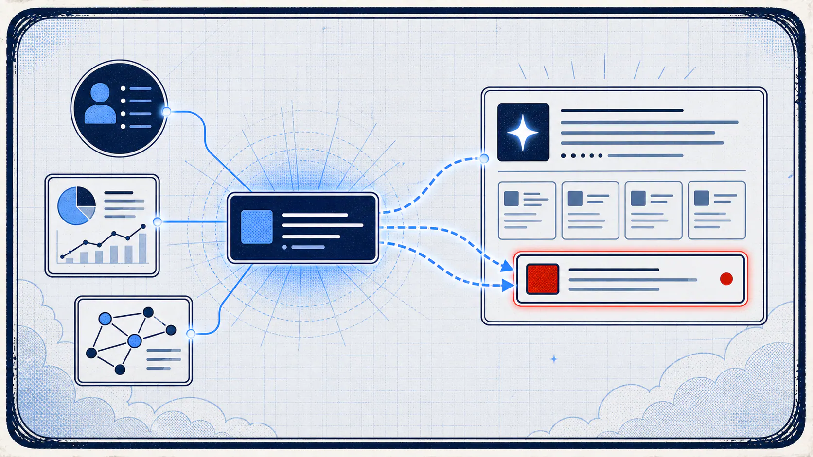 Light-field comic panel showing a brand source card sending citation paths into an AI answer panel with entity, data, and authority signals nearby.