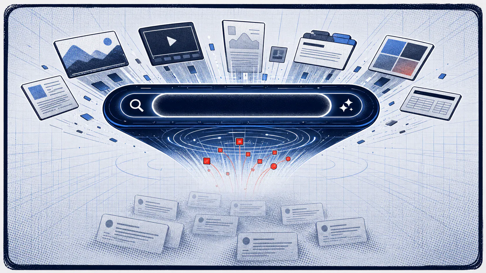 Comic-style panel showing a large AI search box pulling in multimodal inputs while faded result cards drift below.
