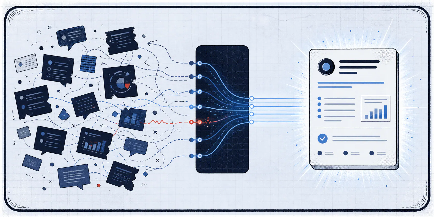 Light-field comic panel showing scattered dark source fragments passing through a filter layer into one clean authoritative profile card.