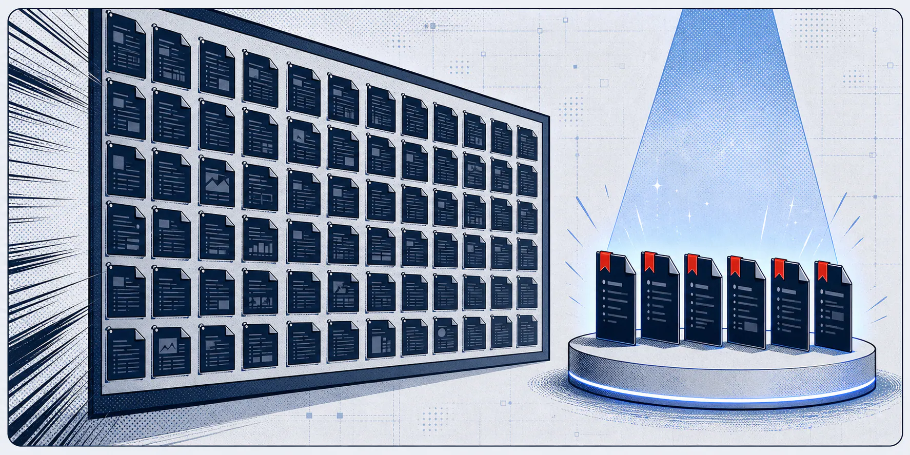 Comic-style diagram showing a large exposed board of many site pages beside a spotlighted stage with a few selected source cards.